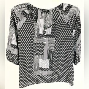 Notations Womens Black White Patchwork Geometric Print 3/4 Sleeve Blouse Large